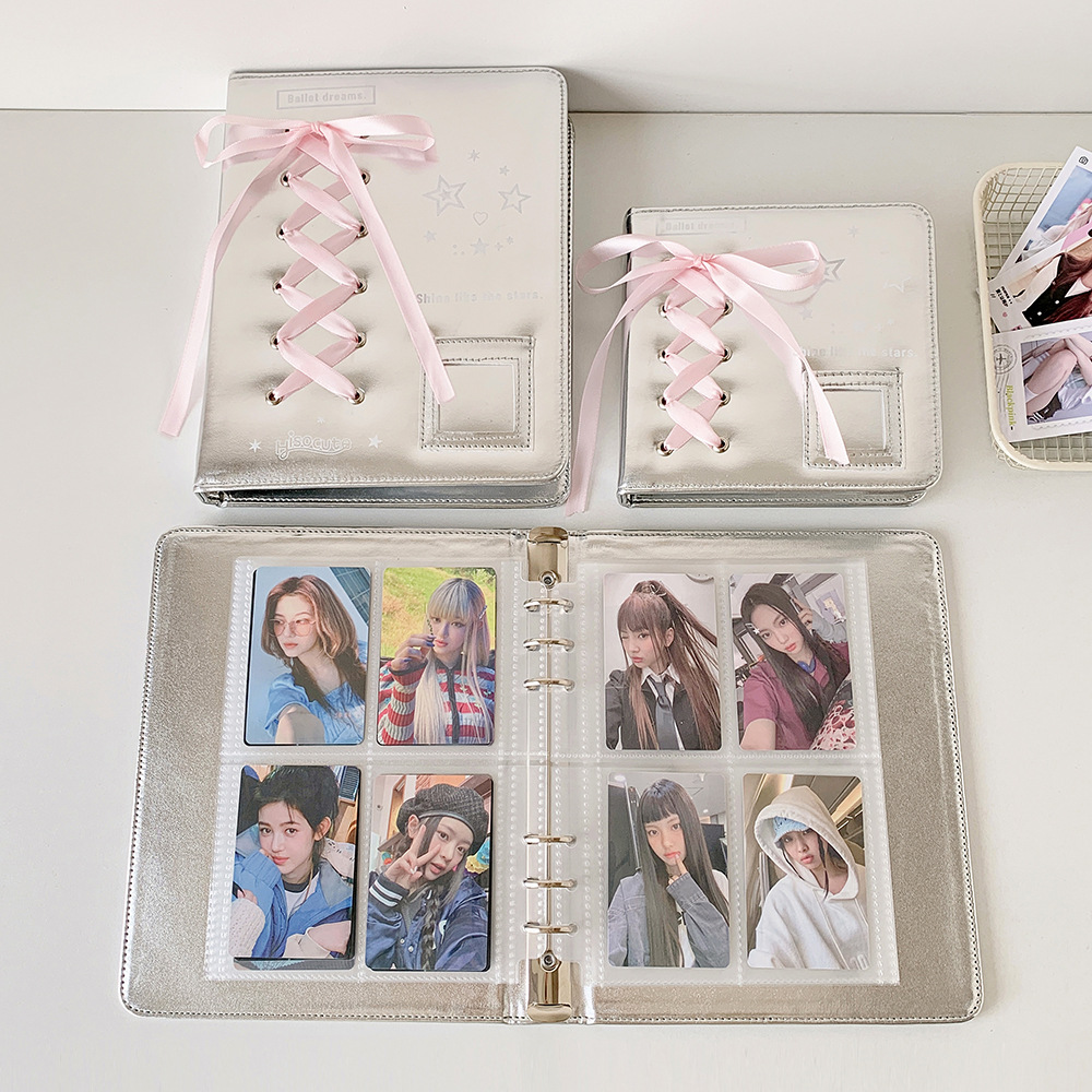 Y2K Fashion Silver Bow Ribbon A5/A7 Loose leaf Card Album Cute Girl Idol Photo Storage Display Album 4-Grid Inner Page Photo