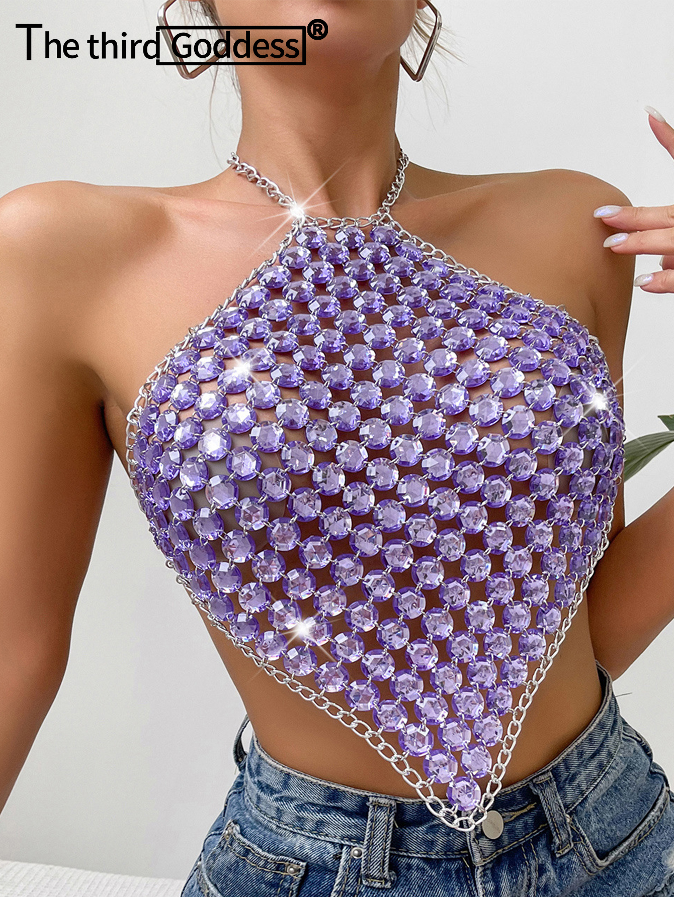 Sexy Durchsichtiges Metall-Strass Crop Top für Damen 2026 Sommer Y2K Streetwear Tanktops Club Strand Party Neckholder-Top Rave-Outfits