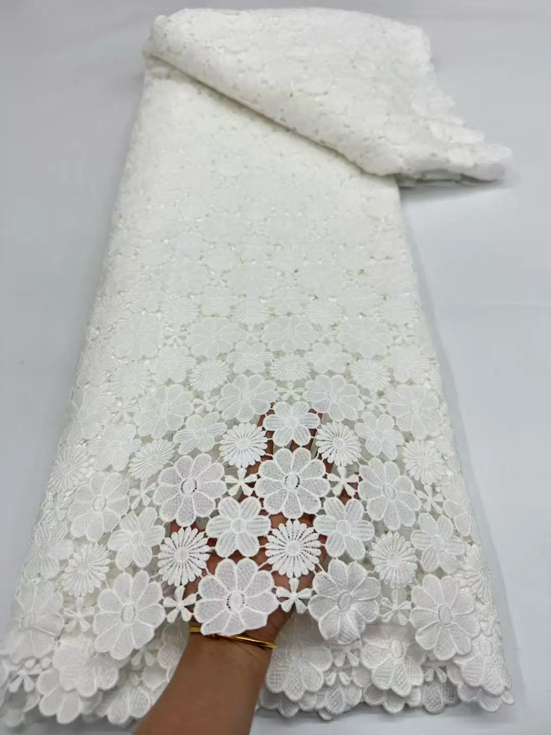 Tecido de Renda Guipure Africana Branca de Alta Qualidade, Renda de Cordão Tricotada Nigeriana, Solúvel em Água, para Vestido de Noiva, Costura, 5 Jardas