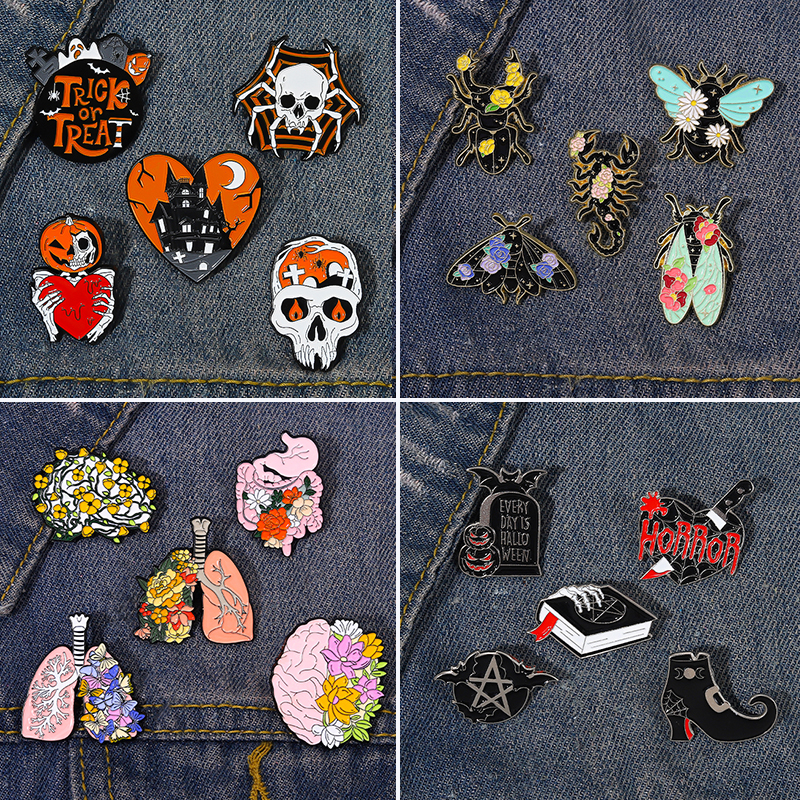 3-6 pçs/set goth halloween esmalte pino fantasma gato preto traça bruxa punk broches horror cobra emblemas lapela esqueleto jóias presentes
