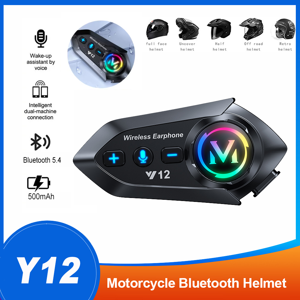 Y12 Bluetooth 5.4 Motorcycle Helmet Headset Stereo Voice Control Hands Free Call Waterproof 500mAh With Ambient Light