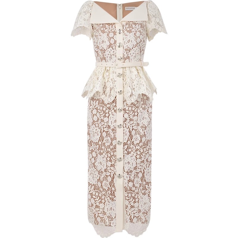 Vestido de Festa Midi Longo Bodycon com Bordado Floral, Botões, Rendas, Babados e Cinto para Casamento, Formatura e Noite - Coleção Verão