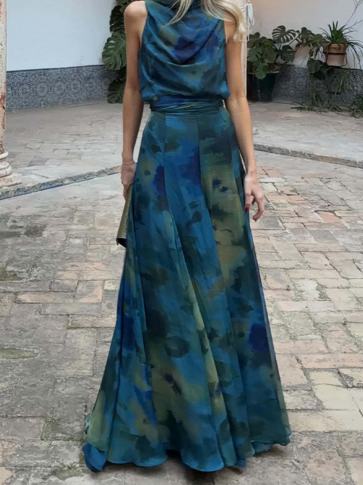 Elegantes Damen-Maxikleid mit blauem Aquarelldruck, ärmellos, Wasserfallausschnitt, Satin, formelles Abendkleid, A-Linie, bodenlang, Partykleid