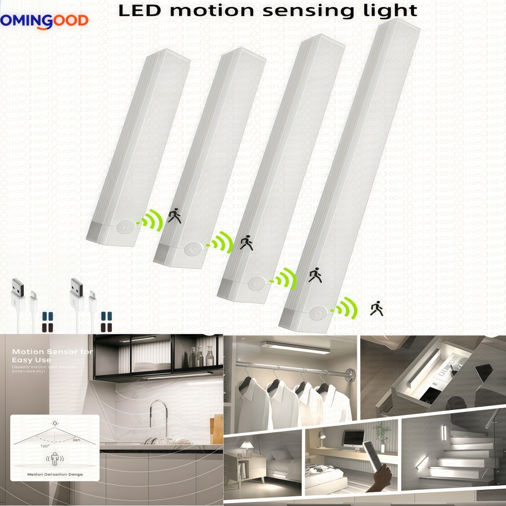 Sensor de movimento sem fio led night light usb recarregável longa tira barra lâmpada para armário cozinha guarda-roupa cabeceira escada tubo