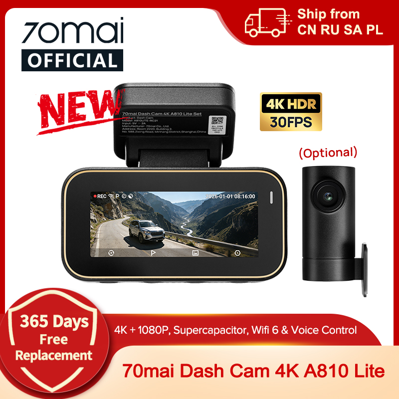 Видеорегистратор 70mai A810 Lite 4K HDR + 1080P, с суперконденсатором, 4G LTE, Wi-Fi 6, GPS, голосовым управлением