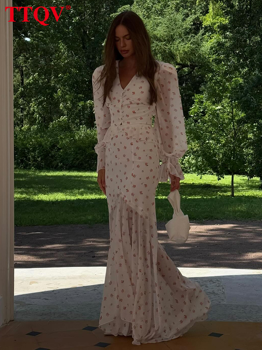 TTQV Mode Witte Print Vrouw 2-delige set Outfit Elegante V-hals Lange mouwen Knoopoverhemden + Hoge taille Vloerlengte Rokken Sets