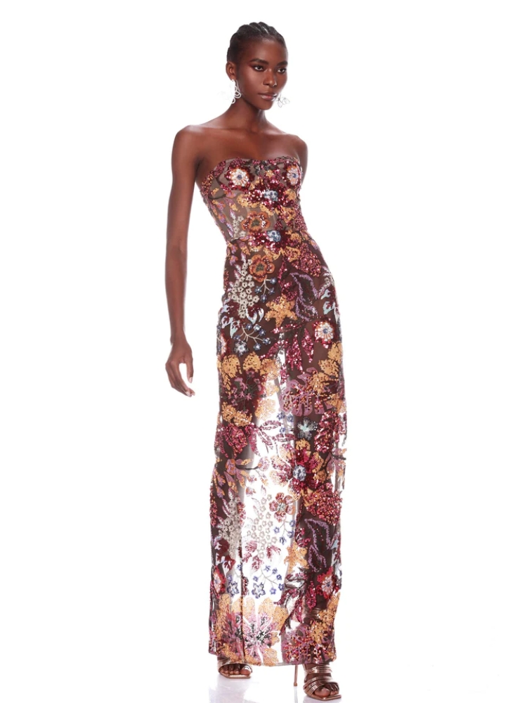Nuevo vestido largo sexi sin tirantes con lentejuelas florales para mujer, vestido largo ajustado con espalda descubierta y flores de lentejuelas de lujo, vestido de fiesta de noche y pasarela