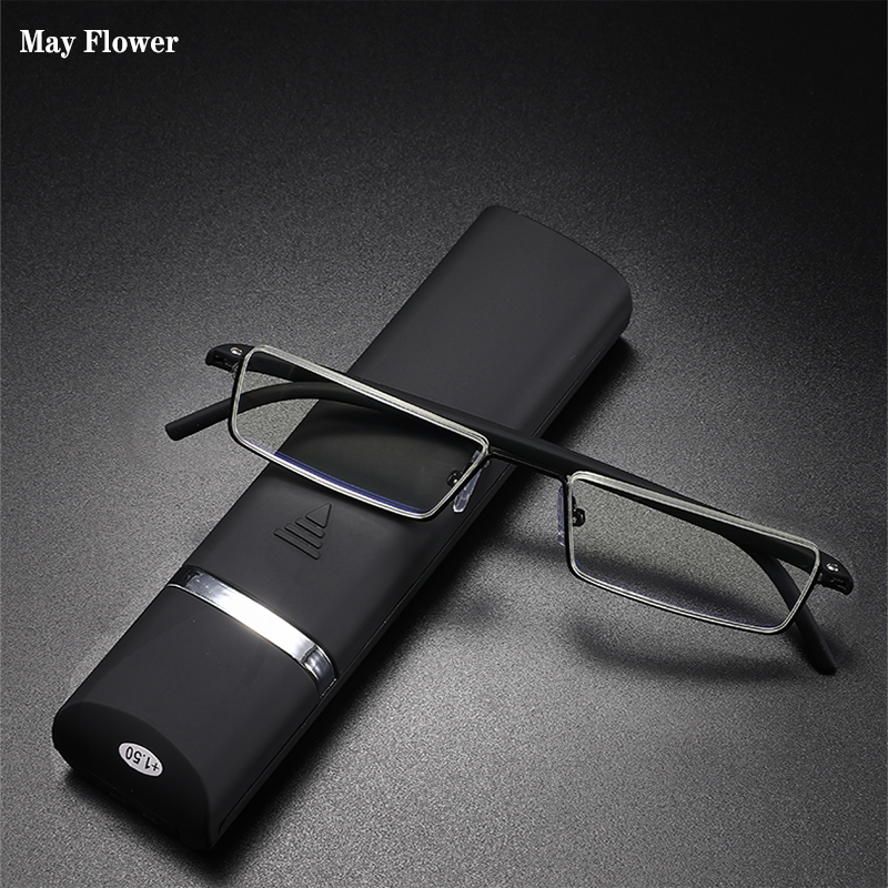 May flower tr90 óculos para presbiopia homem luz azul óculos de leitura masculino metal quadrado para visão mais lentes + 1.75 + 2.25 + 2.75