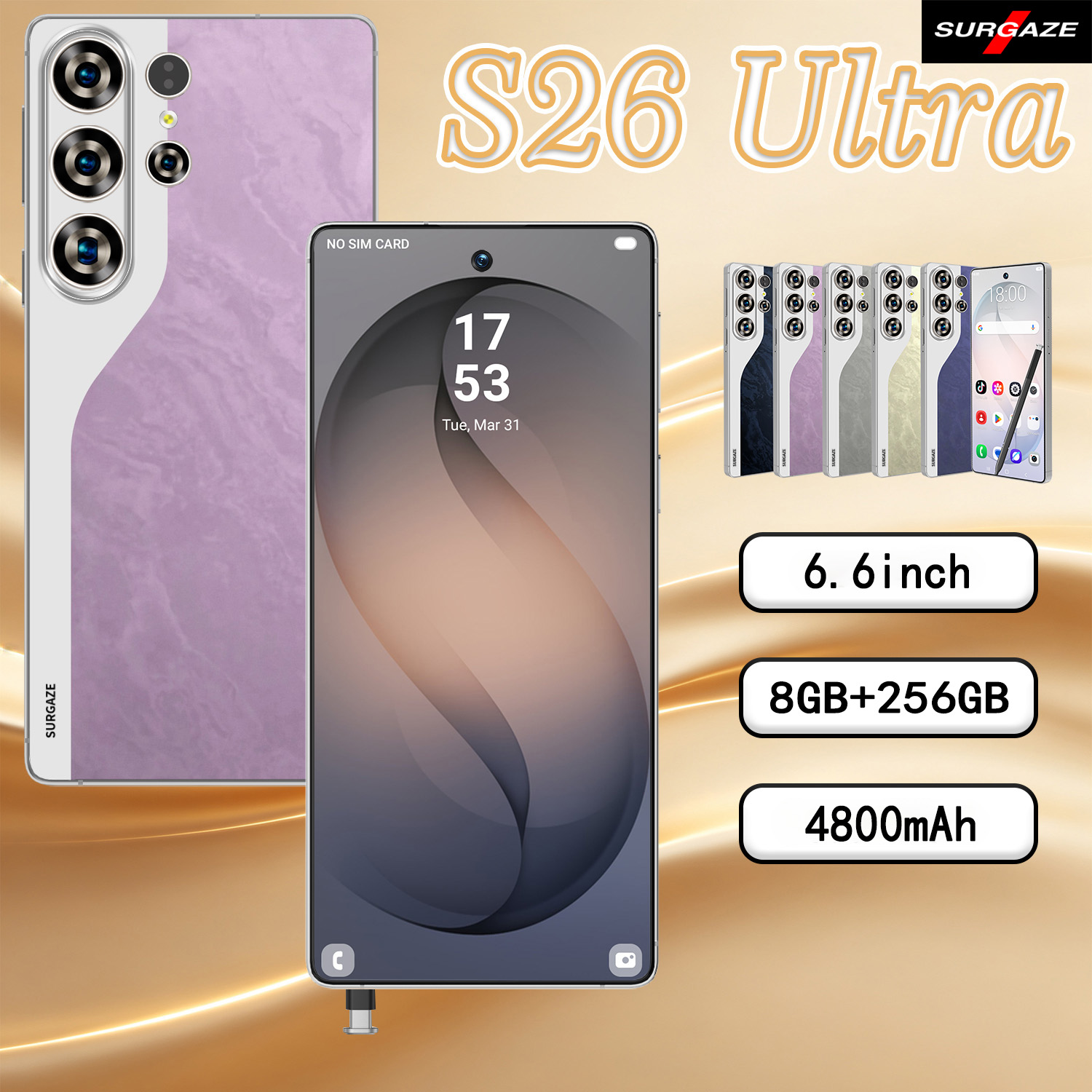 SURGAZE New S26 Ultra Smartphone 5G Android 4800mAh 12GB+512GB 6.6Inch 24+48MP Dual SIM 2026 Global Version Network Mobile Phone