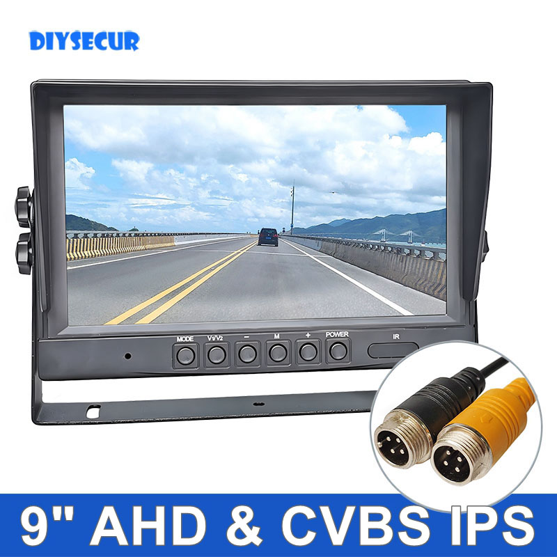 DIYSECUR Monitor mobil LCD HD AHD IPS 9 inci Monitor HD mendukung maks 1080P AHD CVBS kamera mobil 4PIN Input Video