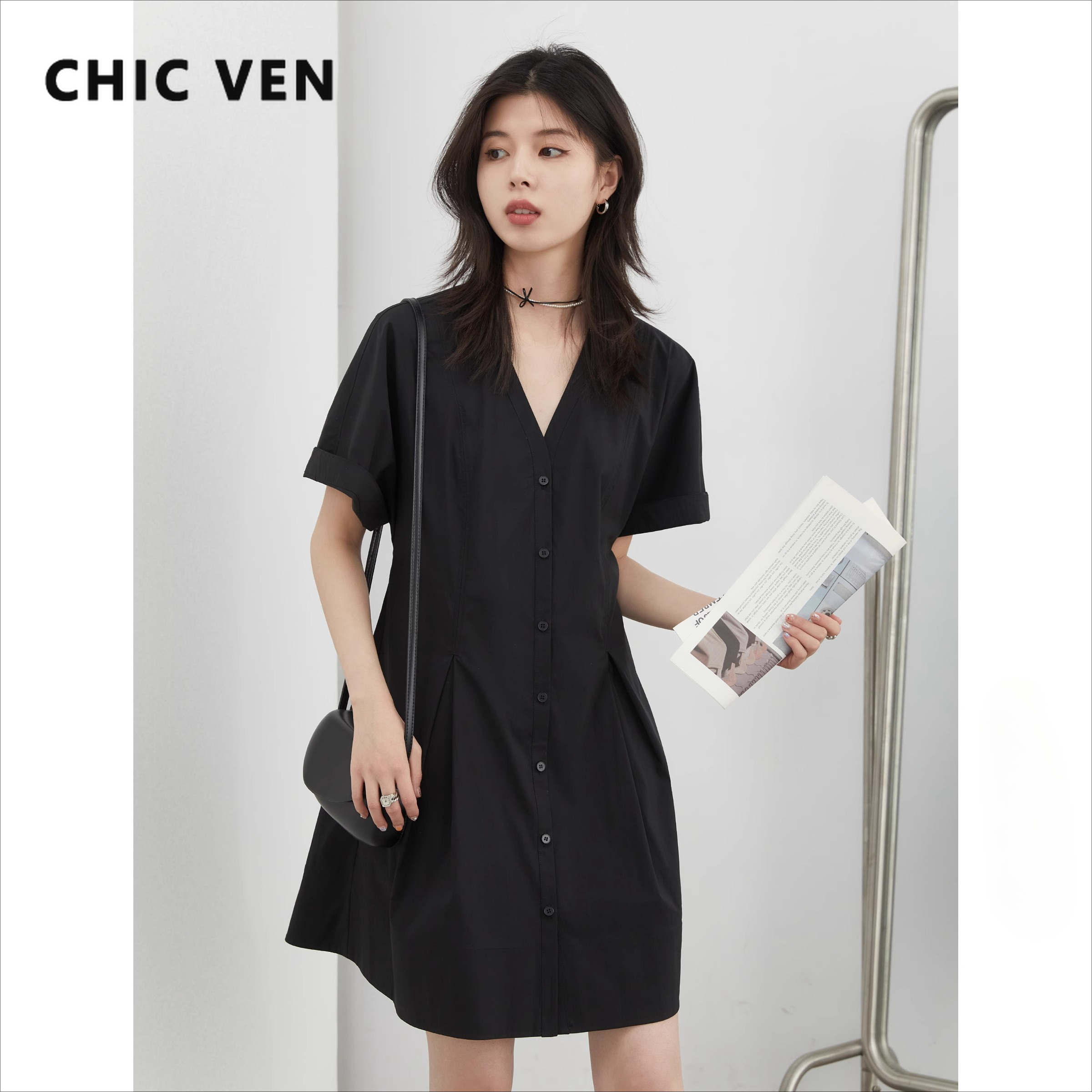 CHIC VEN Women Dresses Loose Solid V-neck Single Breasted A-line Pleated Mid Length Dress Black Female Shirt Dress Summer 2025
