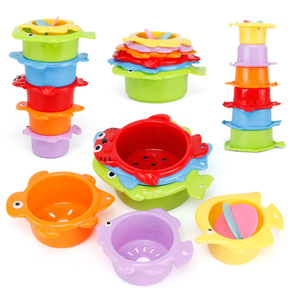 6 ชิ้นของเล่นอาบน้ําเด็กซ้อนถ้วยเด็กวัยหัดเดินของเล่น Ocean Stacking Tower อ่างอาบน้ําน้ําเล่นของเล่นชายหาดของเล่นเพื่อการศึกษาเด็กของขวัญ