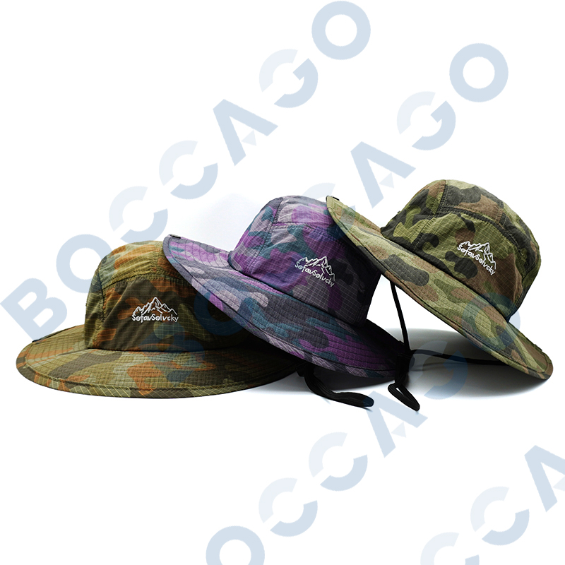 Sombrero de Pescador con Protección UV y Camuflaje, Ajustable y Transpirable, con Correa, Bordado de Montaña, para Hombres y Mujeres, para Senderismo y Pesca