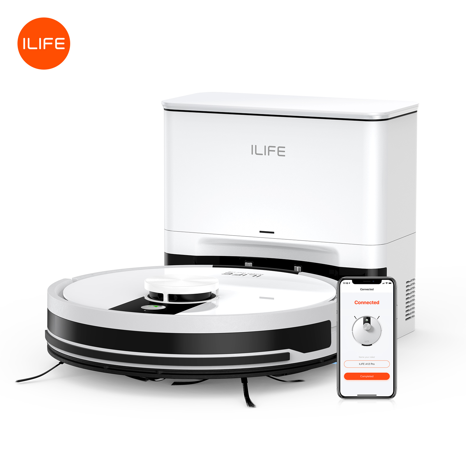 ILIFE A12 Pro Robô Aspirador e Passador de Pano, Estação de Esvaziamento Automático para 60 Dias, Navegação LiDAR, Mapeamento de Casa, Zonas Proibidas, Controle 2.4G WiFi/App/Alexa/Remoto, para Pisos Rígidos