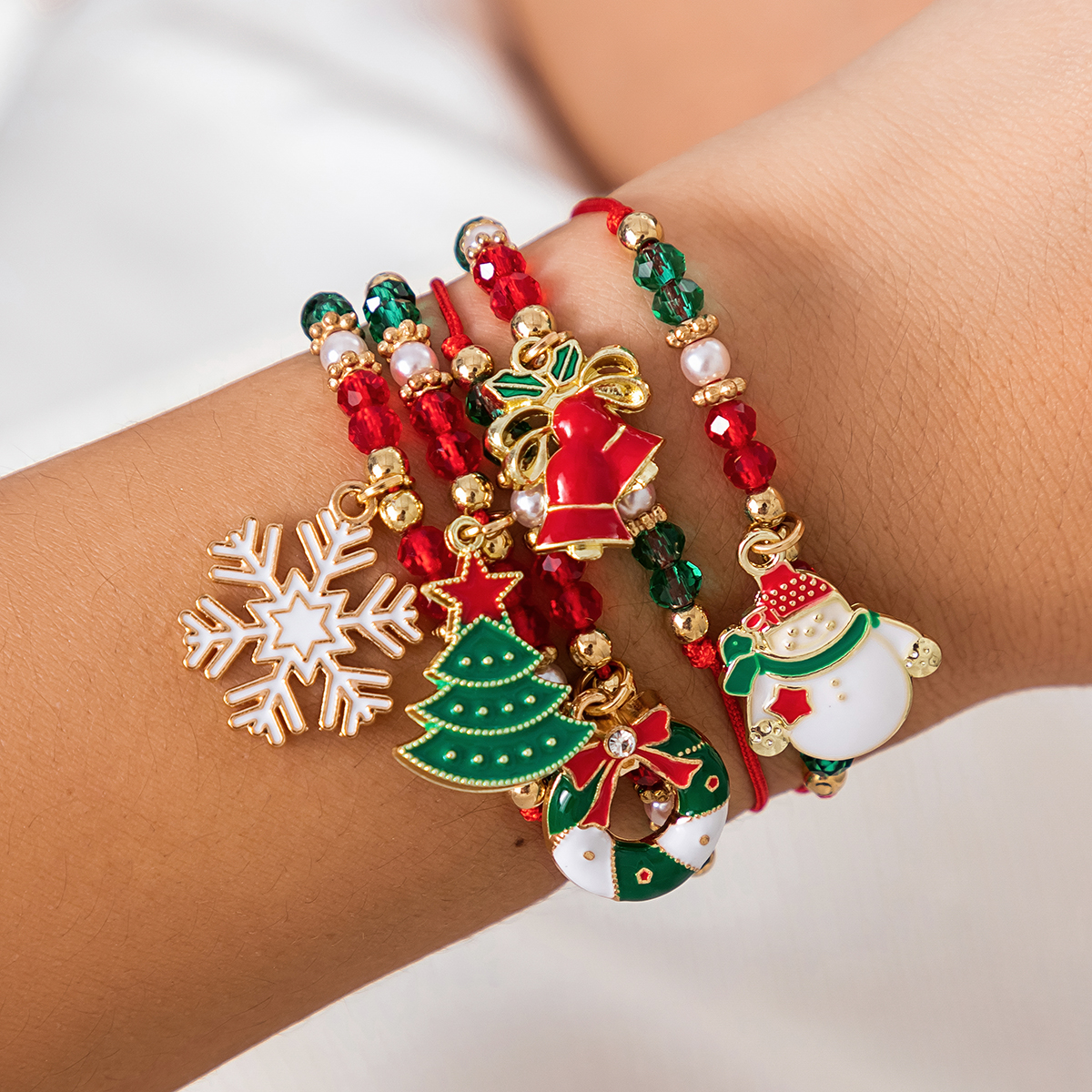 KunJoe 5 unids/set lindo serie navideña copo de nieve árbol colgante pulsera de cristal mujeres CCB cuentas hilo ajustable pulsera de cuerda