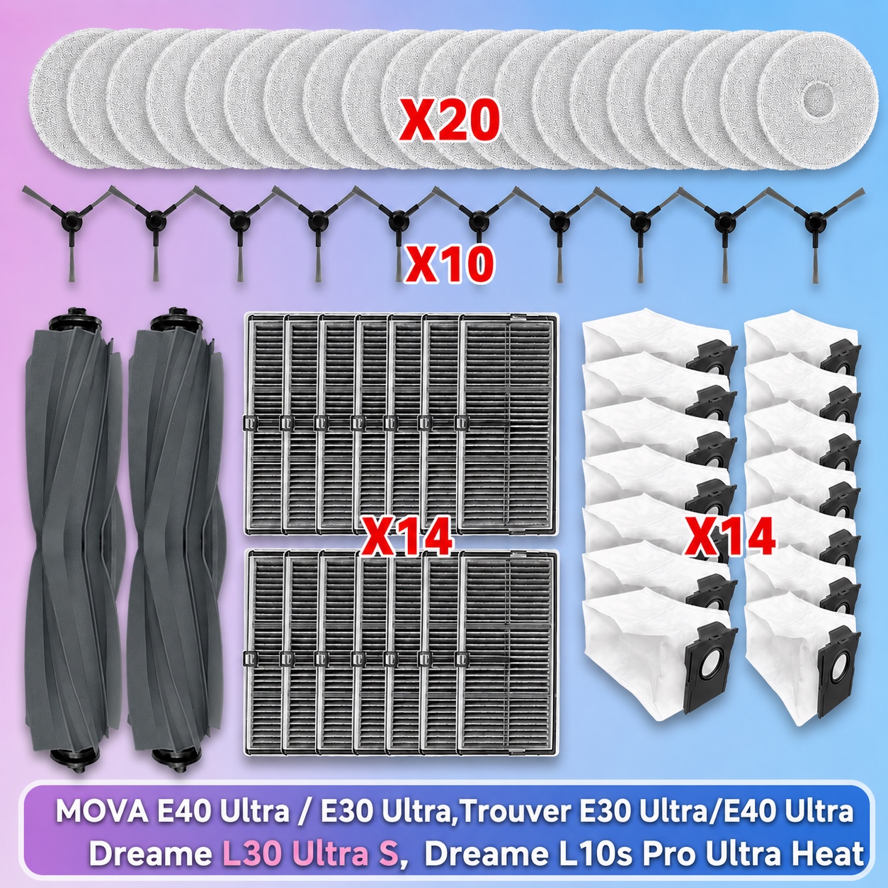 с Mova E40 Ultra/Mova E30 Ultra/Trouver E30 Ultra/Trouver E40 Ultra,Dreame L30 Ultra S /  L10s Pro Ultra Heat Запчасти Основной Трехлезвийный Валик Боковая Щетка Фильтр HEPA Ткань для Швабры Пылесборник Аксессуары