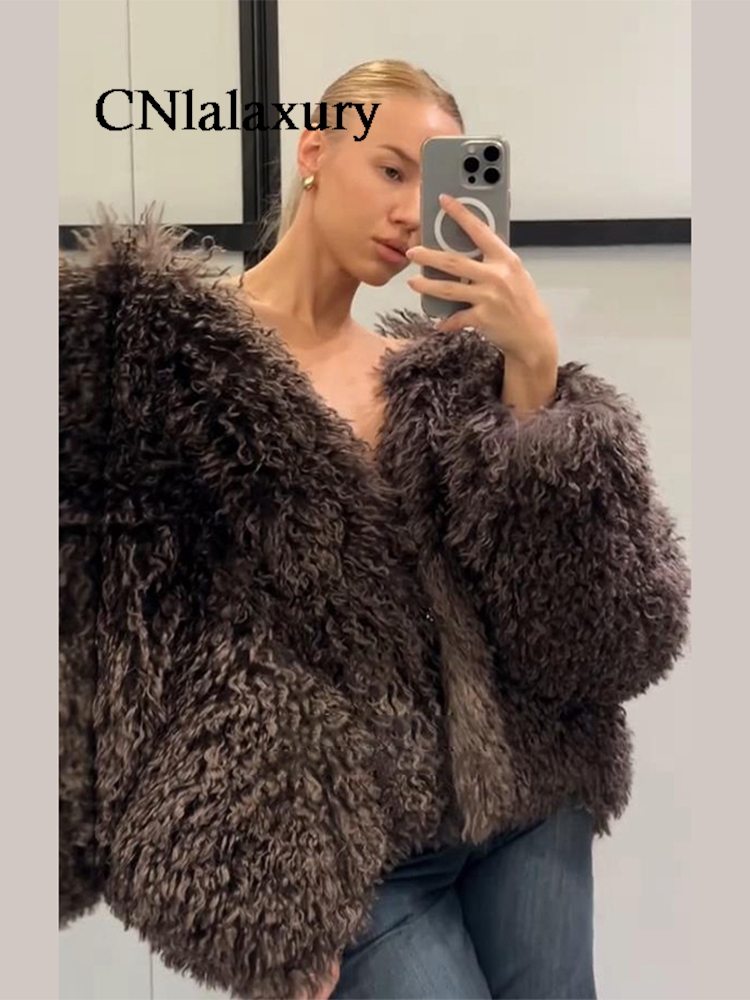 Rua marrom furx casaco de pele feminina moda solta fofo jaquetas femininas 2025 inverno manga cheia engrossar quente senhora outwears