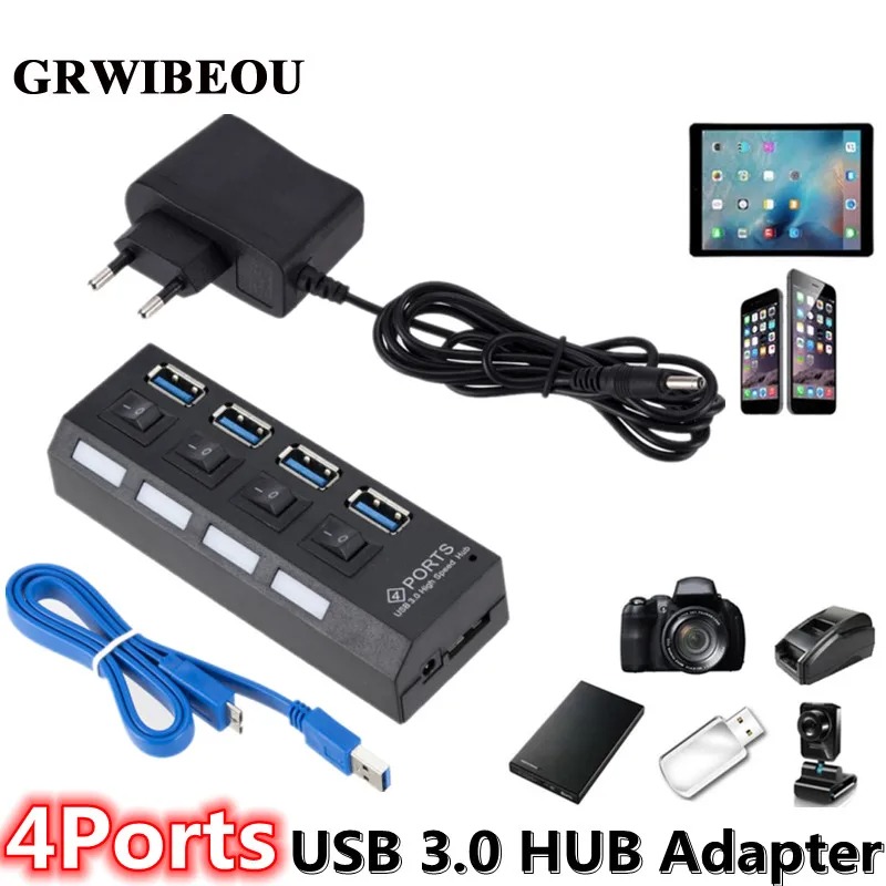 GRWIBEOU Hub USB 3.0 haute vitesse 5 Gbps, 4 ports, adaptateur compact et léger, portable, avec alimentation