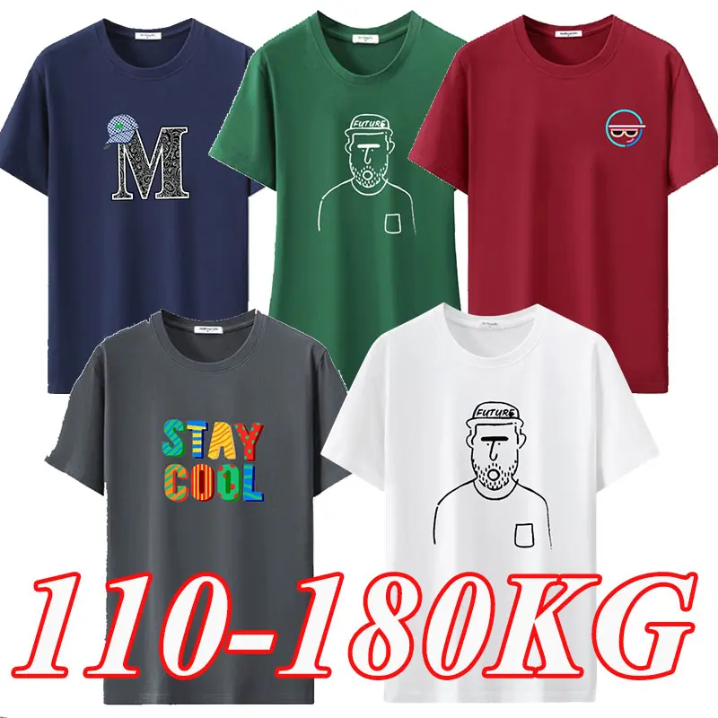 Colorful Plus Size Men's T-shirt 1XL-7XL Full Cotton Short Sleeved Tees for Male Breathable Casual Pure Loose Tops 190KG Clothes