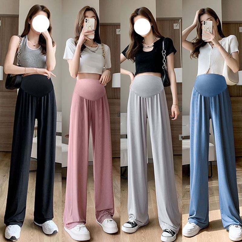 Calça maternidade feminina com bolsos, tamanho grande, de uso externo, seção fina, seda gelada, drapedos de pernas largas, verão