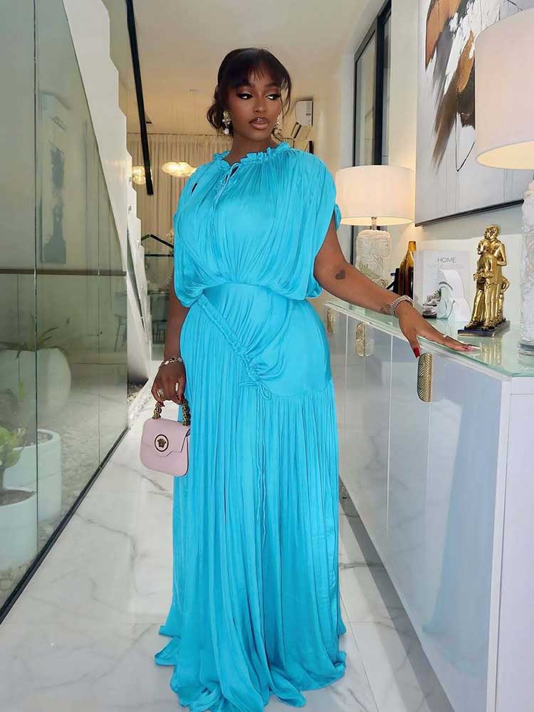 Langes Sommerkleid für Damen, hohe Taille, drapiert, schickes himmelblaues Kleid, gerade, einteilig, lässig, elegant, Maxikleider für den Abend