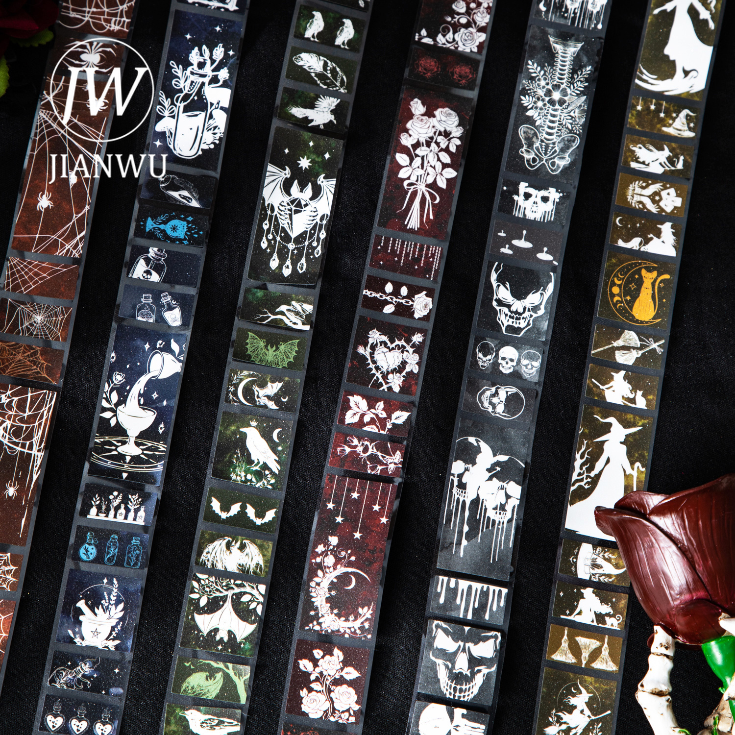 JIANWU The Dawn of The Night Series Vintage Gothic Flower Spider Web Landscape Material Collage Tape Creative Journal Stationery