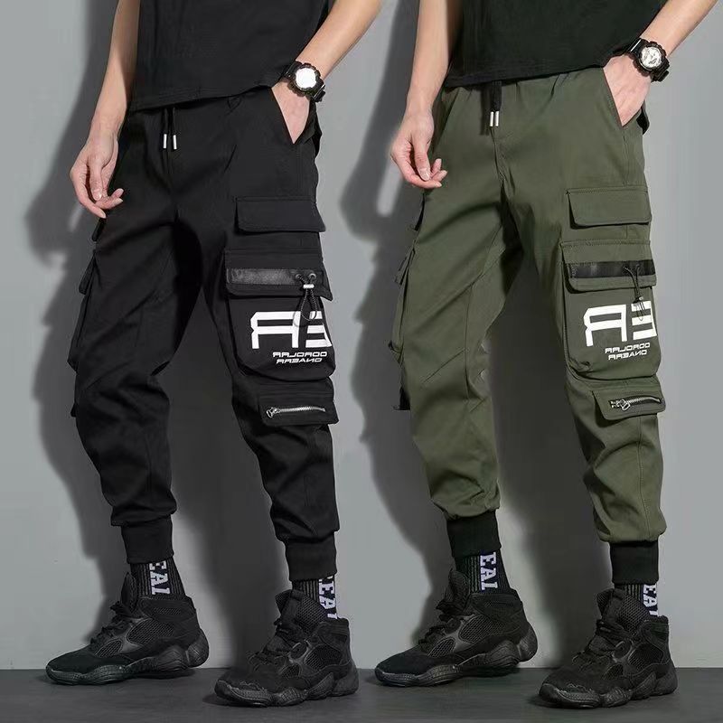 Pantalones informales finos para hombre, pantalones harén con cintas para correr, pantalones Cargo ajustados para primavera, pantalones multibolsillos para mujer J9