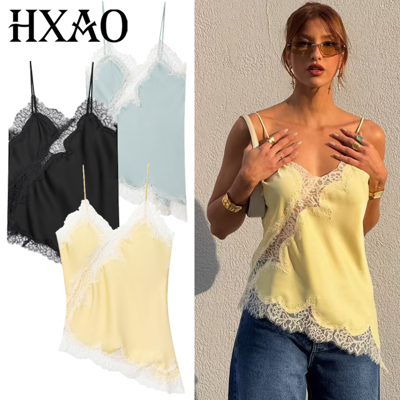 HXAO 2025 レディース アシンメトリー スリップトップ 女性用 セクシー ブラック イエロー ブルー トップ レース タンク＆キャミソール シック Y2K ノースリーブ バックレス キャミソール