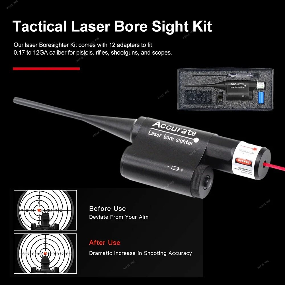 Taktisches Laser-Bore-Visier-Set für.177 bis 12 GA Kaliber Red Dot Boresighter für Jagdgewehre, Pistolenfass mit 12-Bohrungsadapter