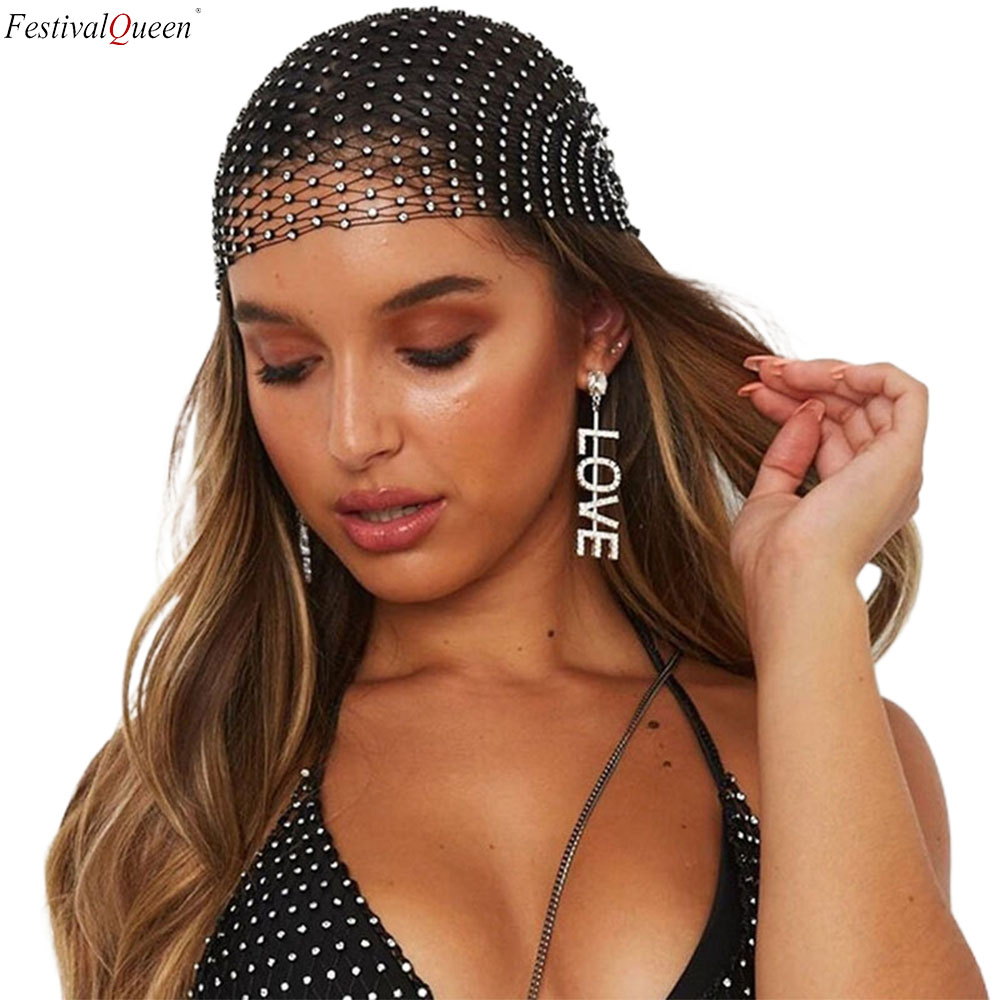 FestivalQueen 1pc Rhinestone Crystal Embellished Fishnet Hair Scarf Glittering Mesh Veil Headband  Elastic Hairband Personalized
