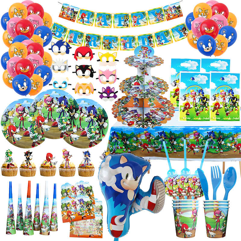 Nuevos suministros de fiesta sónica de dibujos animados, juego de vajilla desechable para fiesta de cumpleaños para niños, plato de papel, vasos, servilletas, decoraciones para Baby Shower