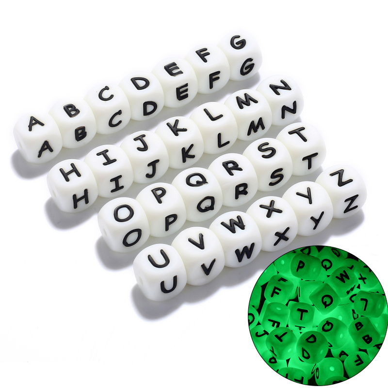 10 pçs bebê luminoso contas de silicone letras chupeta 12mm alfabeto nome personalizado diy mordedor dentição contas brinquedos presente