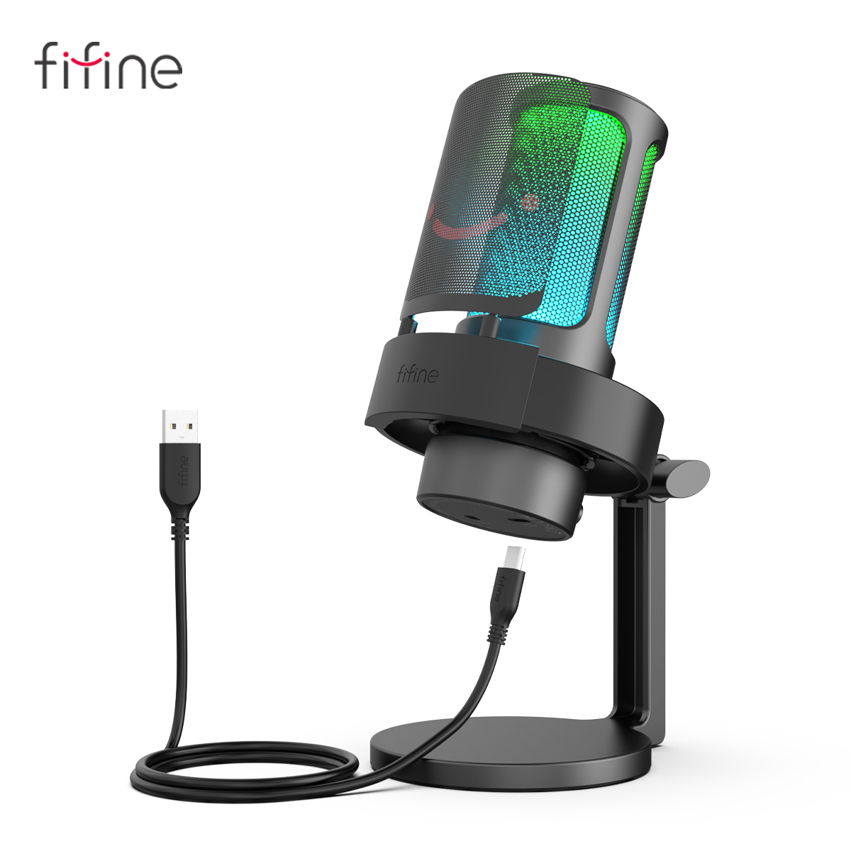 Mikrofon USB FIFINE do nagrywania i przesyłania strumieniowego na komputerze PC i komputerze Mac, wyjście słuchawkowe i przycisk wyciszania dotykowego, mikrofon z 3 trybami RGB -A8