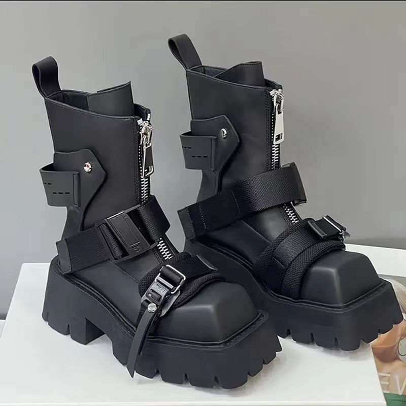 2025 frauen Top Schicht Rindsleder Weibliche Karree Westlichen Front Zipper Farbe Passenden Dicken Boden Gürtel Schnalle Booties Chelsea