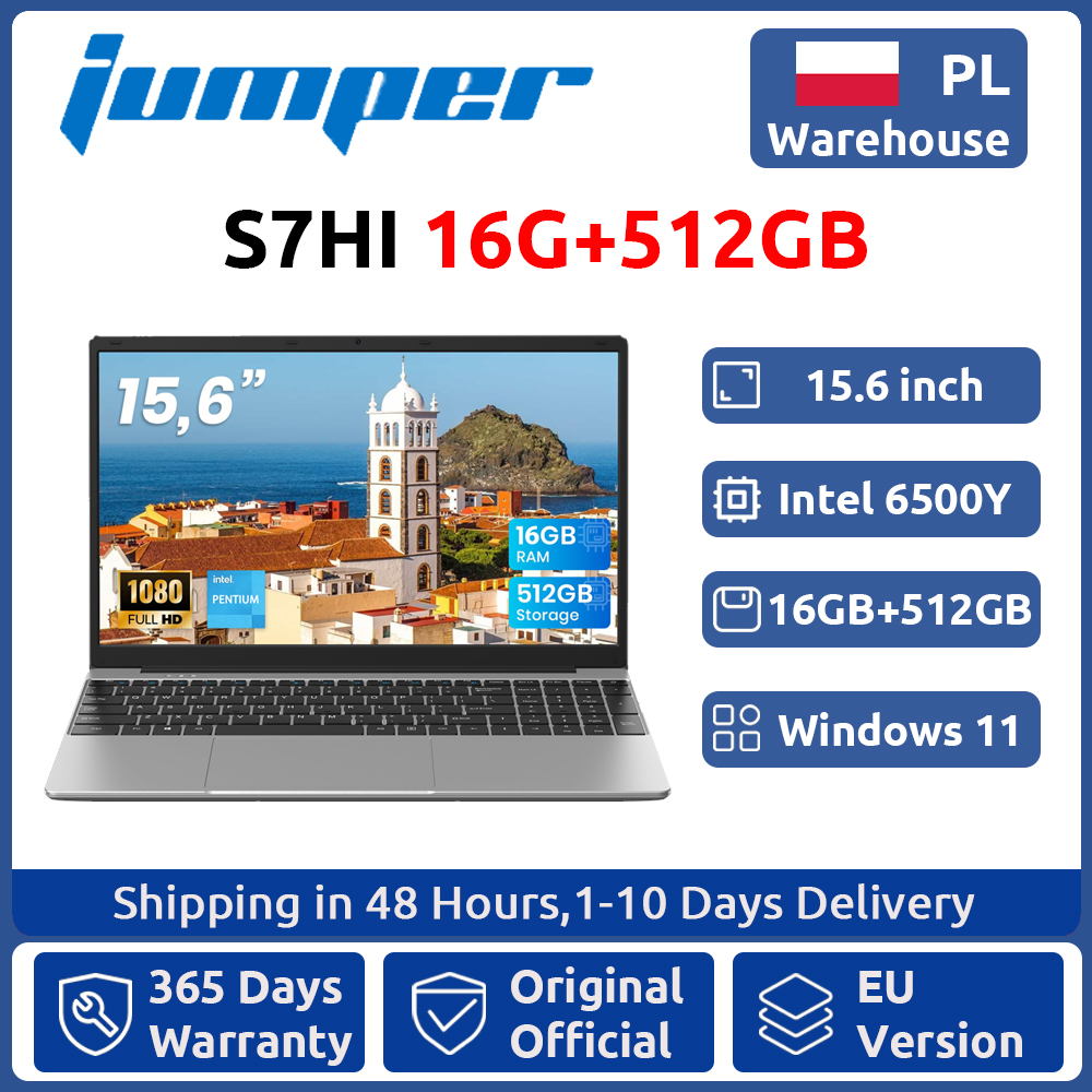Notebook Jumper com tela FHD de 15,6 polegadas, 16GB de RAM, SSD de 512GB (expansível por 512GB via cartão TF), processador 6500Y (até 3,4GHz), notebook leve para negócios e estudantes, 2 alto-falantes estéreo/Type-C/USB 3.0/teclado numérico