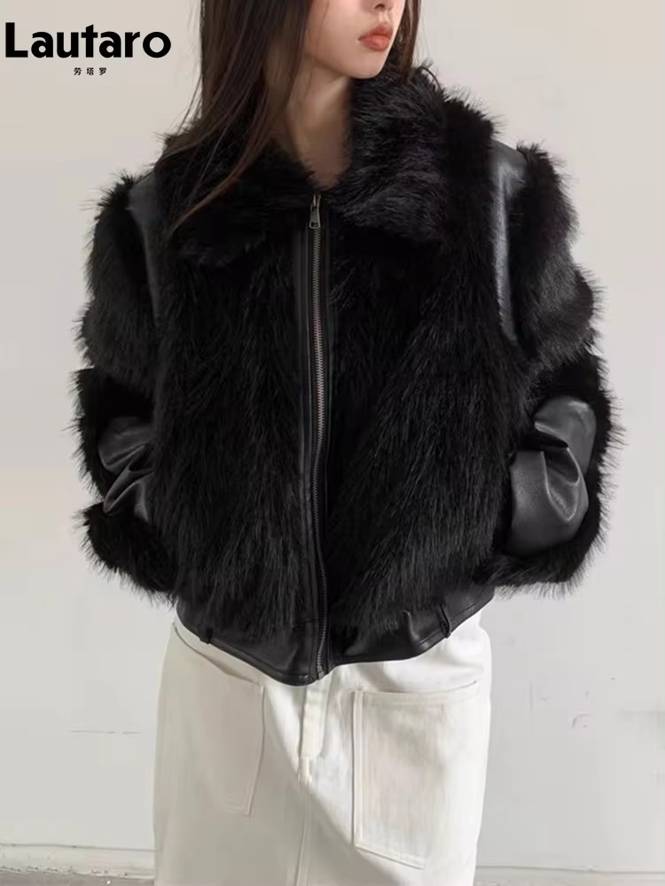 Lautaro Herbst Winter cool kurz schwarz weich verdickt warm haarig zottelig Patchwork Kunst fuchs Pelzmantel Frauen flauschige Jacke