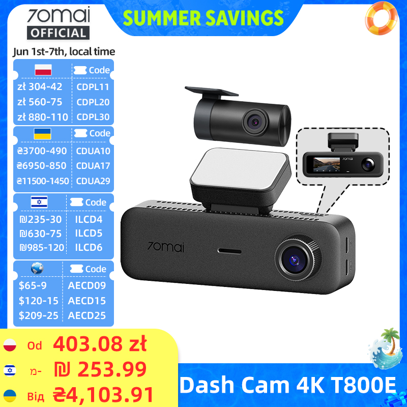 70mai T800E 3-Channel Front 4K + Rear 1080P + Interior 1080P HDR Supercapacitor 24H Parking GPS WiFi 6 70mai T800E Voice Control