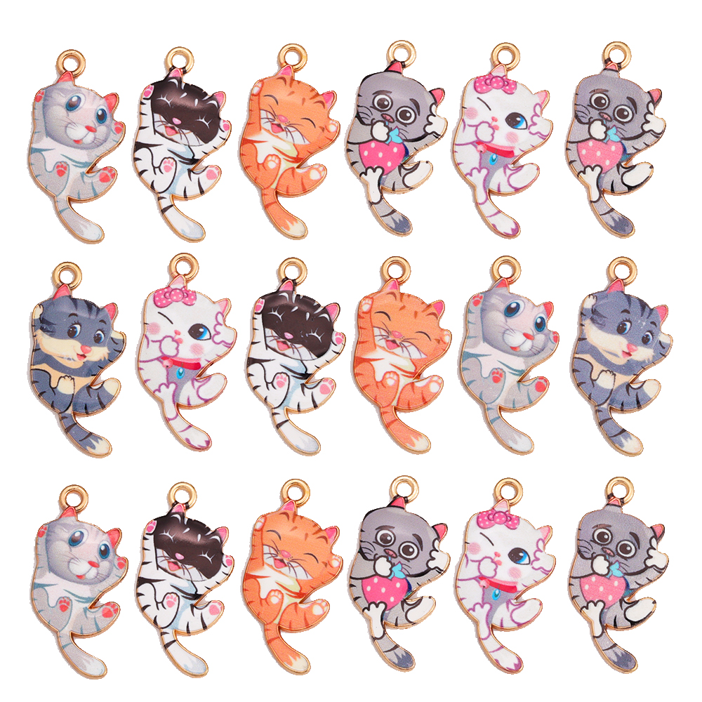 Pingentes de gato esmalte banhado a ouro, encantos fofos do gatinho, brincos DIY, colar, acessórios para fazer jóias, atacado, 10pcs