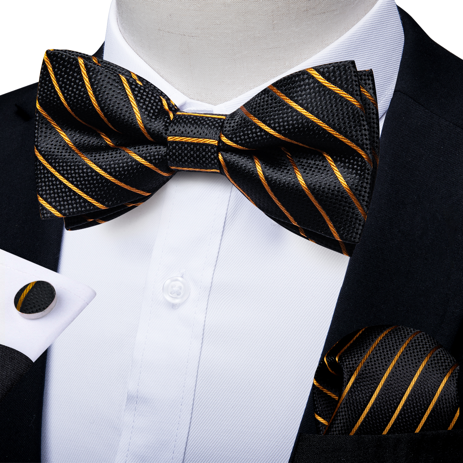 Dasi Kupu-kupu Pria Pre-tied Klasik untuk Pernikahan, Set Kancing Manset untuk Pesta, Motif Garis, Hadiah Aksesoris Pria