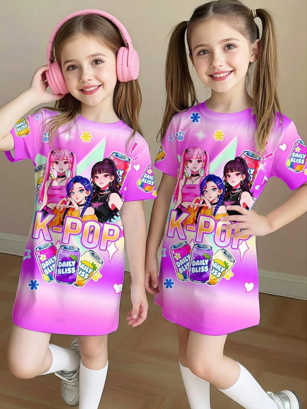 Vestido con gráfico de dibujos animados Kpop para niñas, regalo divertido para fanáticos, vestido Harajuku para niñas, vestido de verano de manga corta, ropa para niños