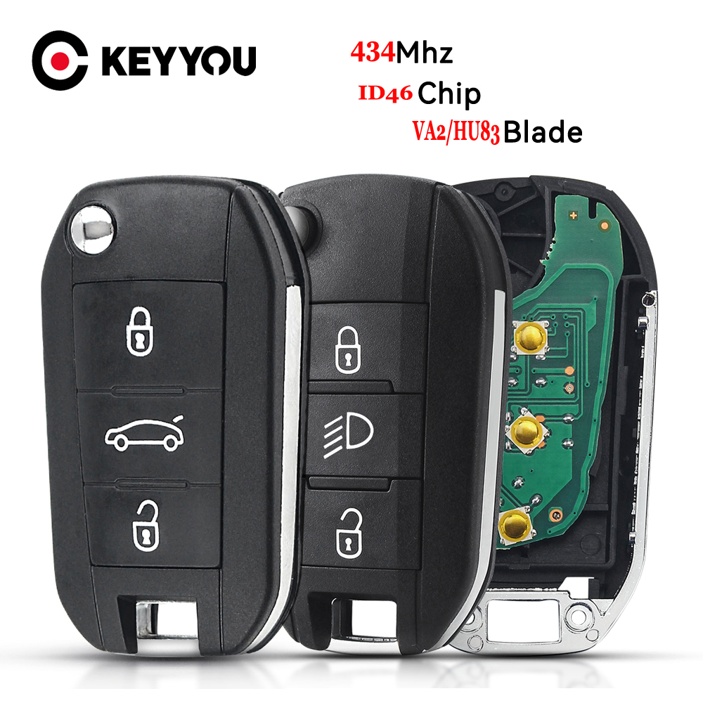 Chave Remota Automotiva KEYYOU 434MHz FSK ID46-pcf7941 para Peugeot 208 2008 301 308 5008 508 com Lâmina VA2 e Lâmina HU83