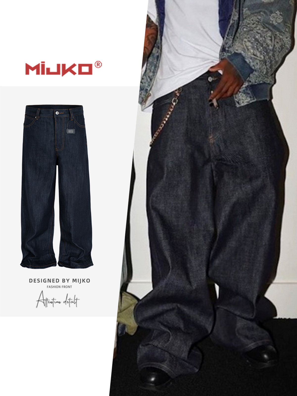 MIJKO Zwart Blauw Heren Baggy Jeans Rechte Effen Kleur Cleanfit Losse Casual Denim Broek Unisex Cargo Broek ZJ090