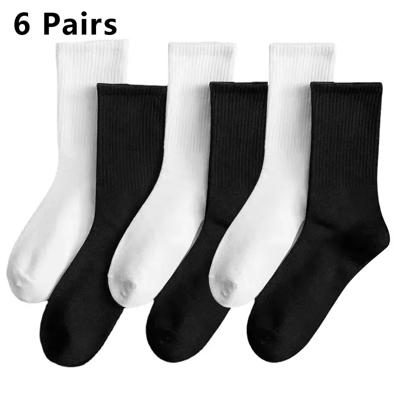 6 paia di calzini a tubo centrale da uomo tinta unita in bianco e nero streetwear calzini casual e traspiranti alla moda Harajuku