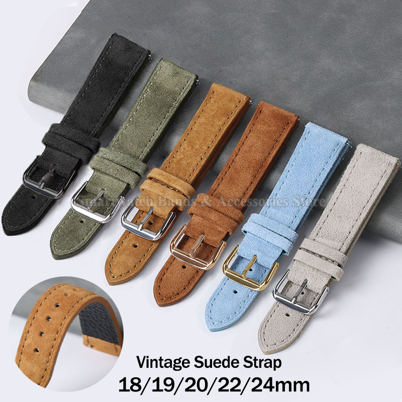 Correa de reloj de cuero de ante Vintage 18mm 19mm 20mm 22mm 24mm para Seiko para Huawei GT3/2 pulsera de apertura rápida de costura hecha a mano