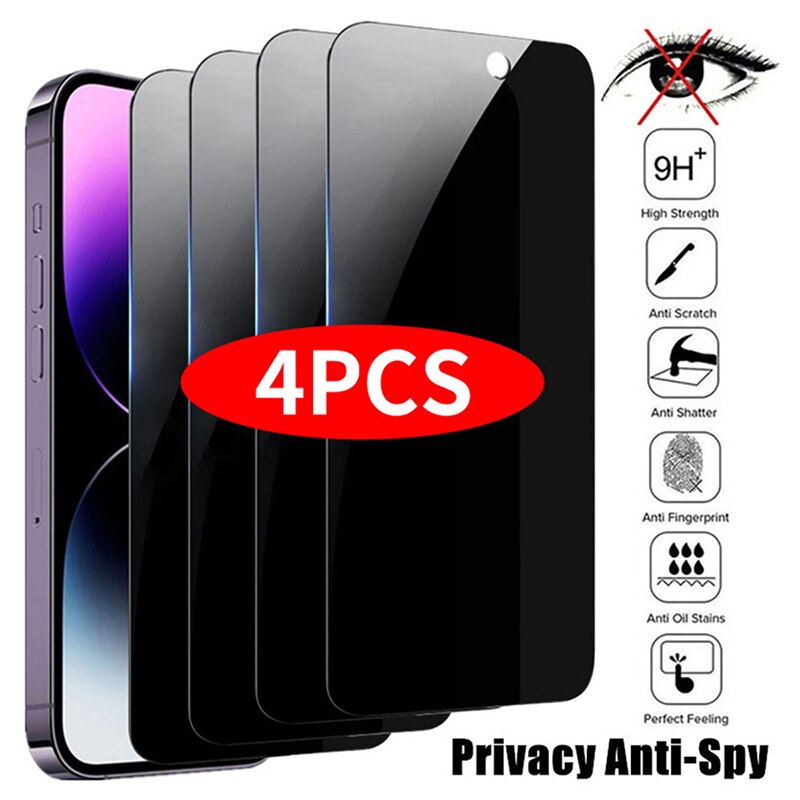 iPhone 14 Pro Max、16 Pro用プライバシー保護フィルム4枚、iPhone 13、15、12、11 Pro Max、13 Mini用覗き見防止強化ガラス