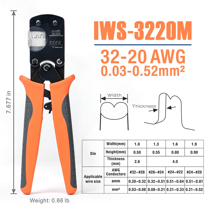 Szczypce do zaciskania IWS-3220 Narzędzia do zaciskania ręcznego IWISS pasują do Molex CLIK-Mate, Molex PicoBlade, JST SHD, JAM, TYCO D-100 itp. 0,03-0,5 mm²