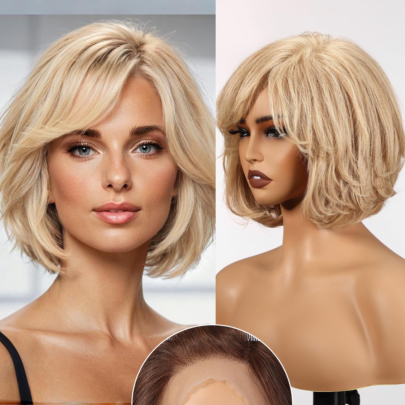 Pirang Remy rambut manusia dengan poni tubuh gelombang pendek Bob wig renda Frontal wig untuk Putih Wanita penggunaan sehari-hari 12 inci wig bergelombang harian