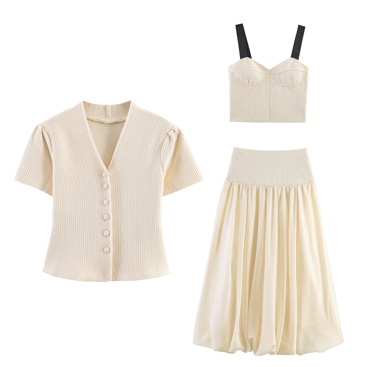 Veste en tricot structuré à col en V, style minimaliste d'été, coupe ajustée, manches courtes, avec haut court à bretelles et jupe mi-longue