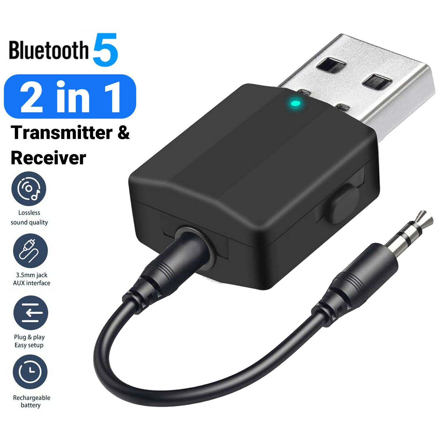 Gtwoilt 2 en 1 USB Bluetooth 5,0 transmisor receptor adaptador 3,5 Audio AUX adaptador para TV PC Headhones estéreo Cpar HIFI Dongle