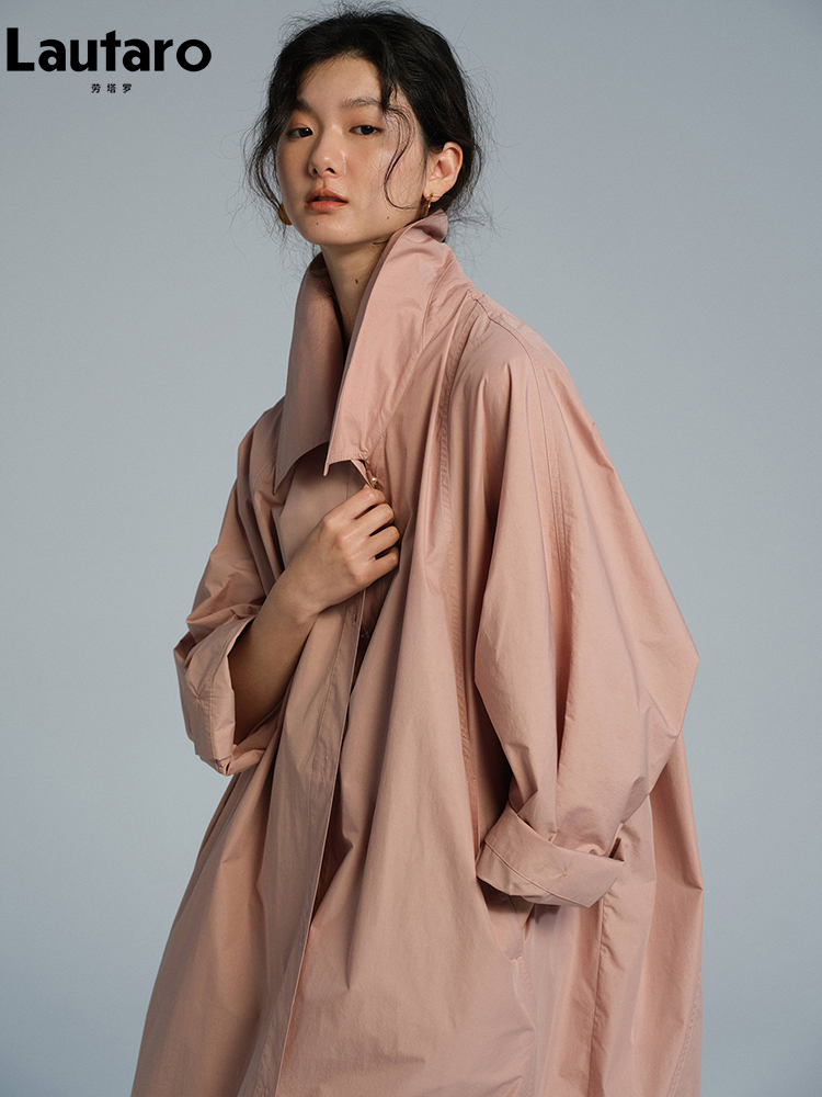 Lautaro Lente Herfst Lange Oversized Dunne Roze Trenchcoat voor Dames Enkelborst Elegant Chic Luxe Designer Kleding 2026